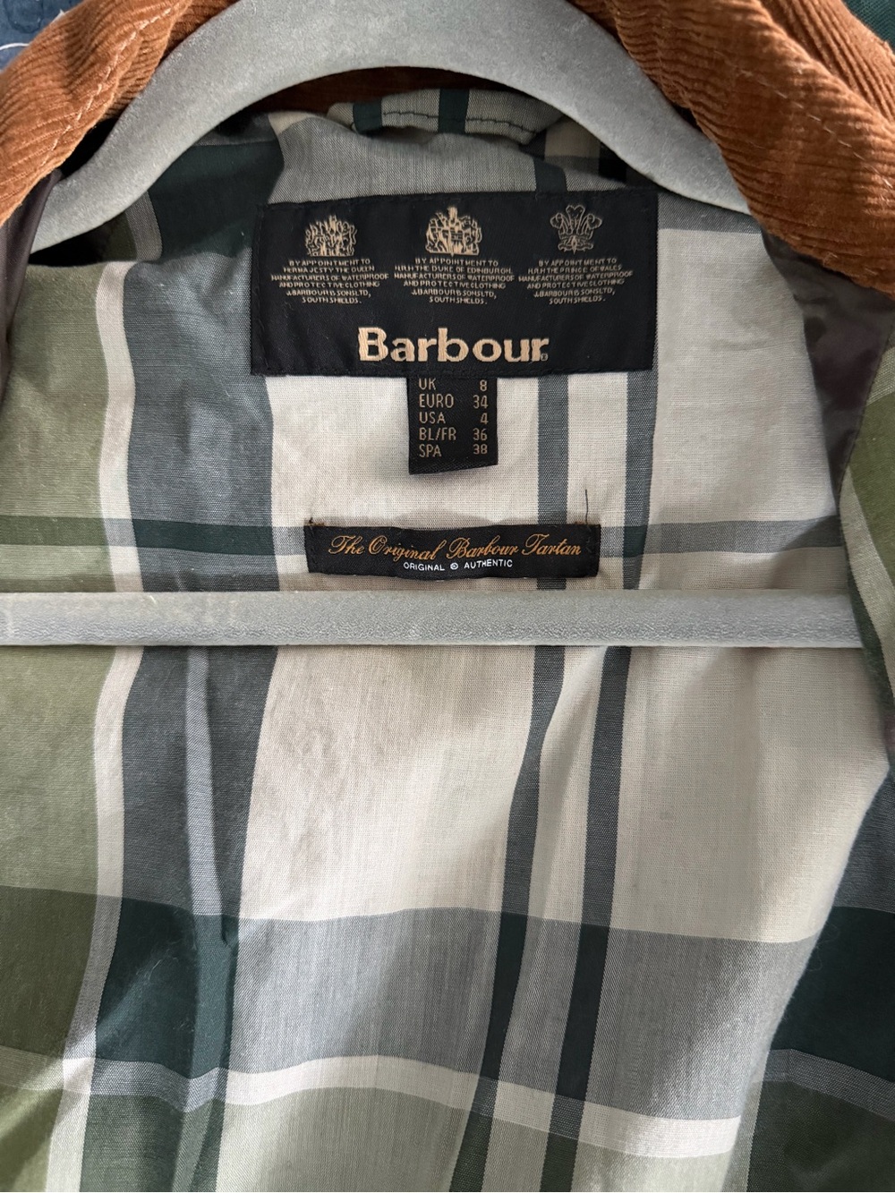 Barbour Olive Green Waxed Utility Jacket with Brown Corduroy Collar - Picture 3 of 4